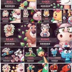 Cartoon Stickers Set Character Animals