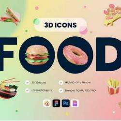 3D Food Icons (FIG, PNG, PSD, BLEND)